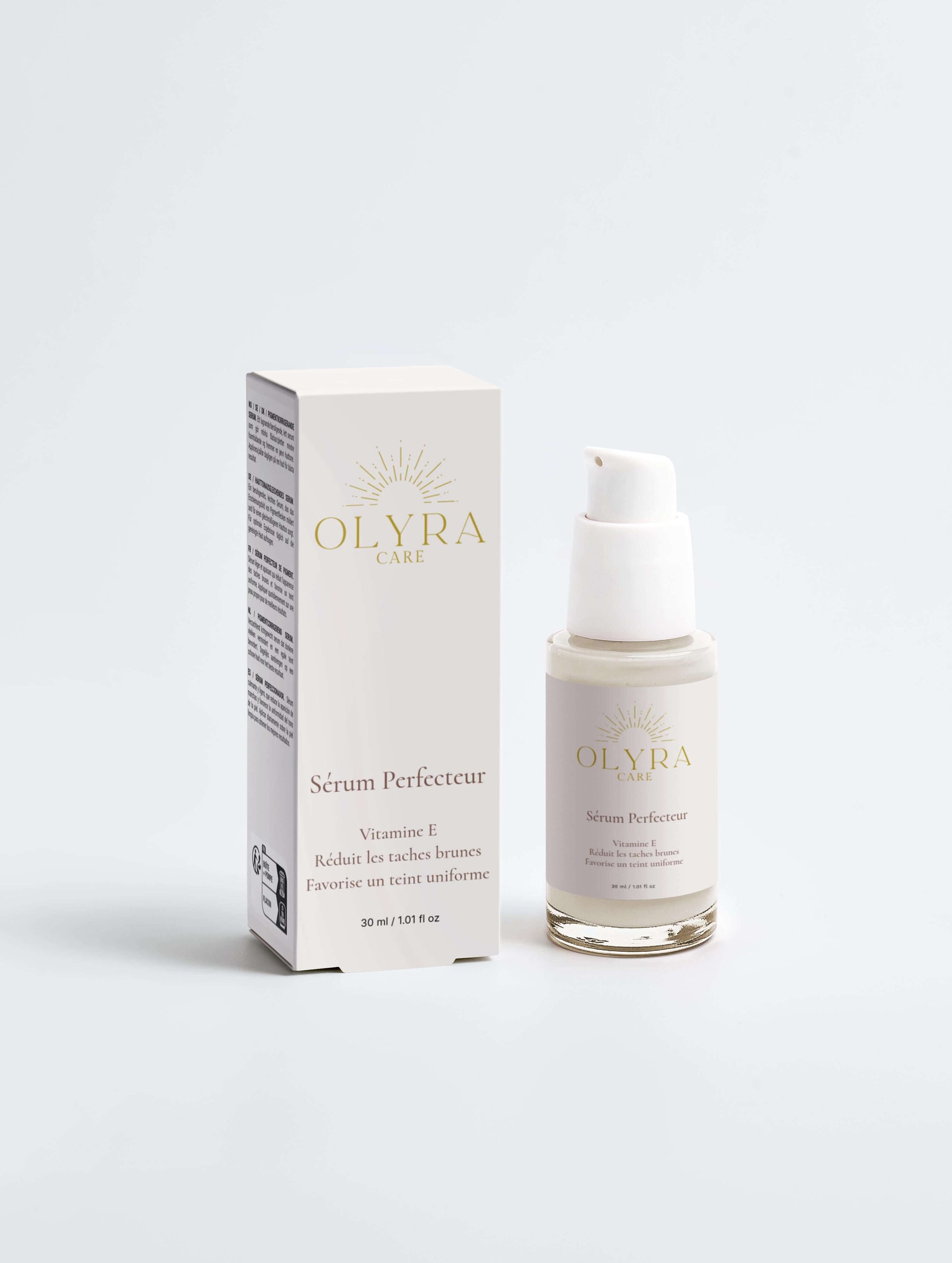 Sérum Perfecteur Visage de Olyra Care, sérum anti-taches et unificateur de teint, présenté avec son emballage.