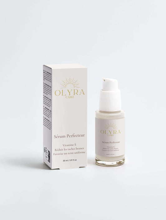 Sérum Perfecteur Visage de Olyra Care, sérum anti-taches et unificateur de teint, présenté avec son emballage.