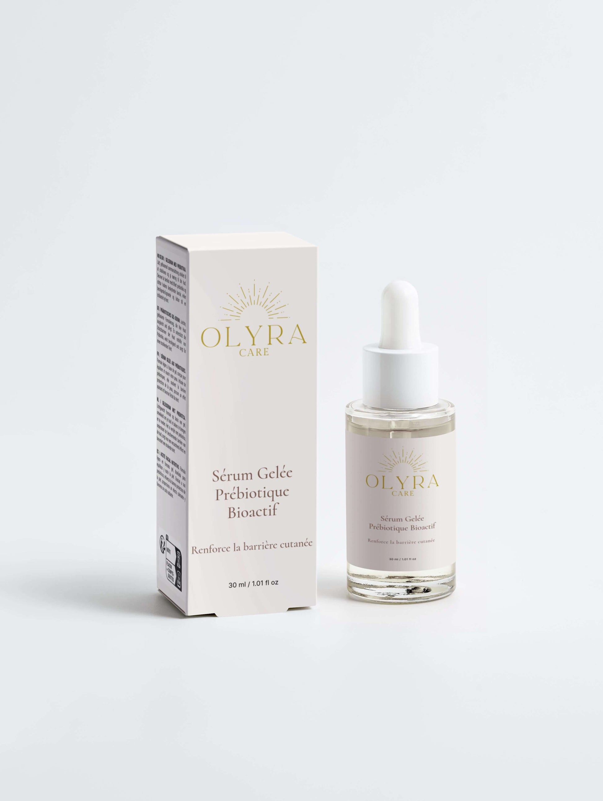 Sérum Gelée Prébiotiques Bioactif Olyra Care, flacon et boîte, soin hydratant pour l'équilibre de la peau.