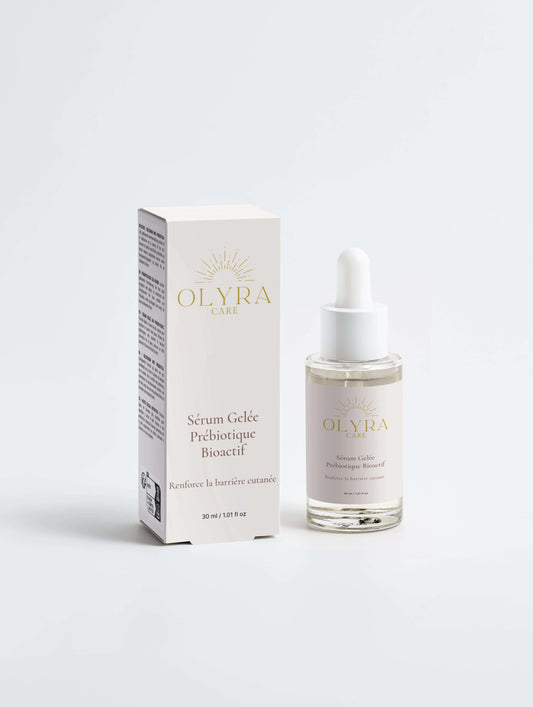 Sérum Gelée Prébiotiques Bioactif Olyra Care, flacon et boîte, soin hydratant pour l'équilibre de la peau.