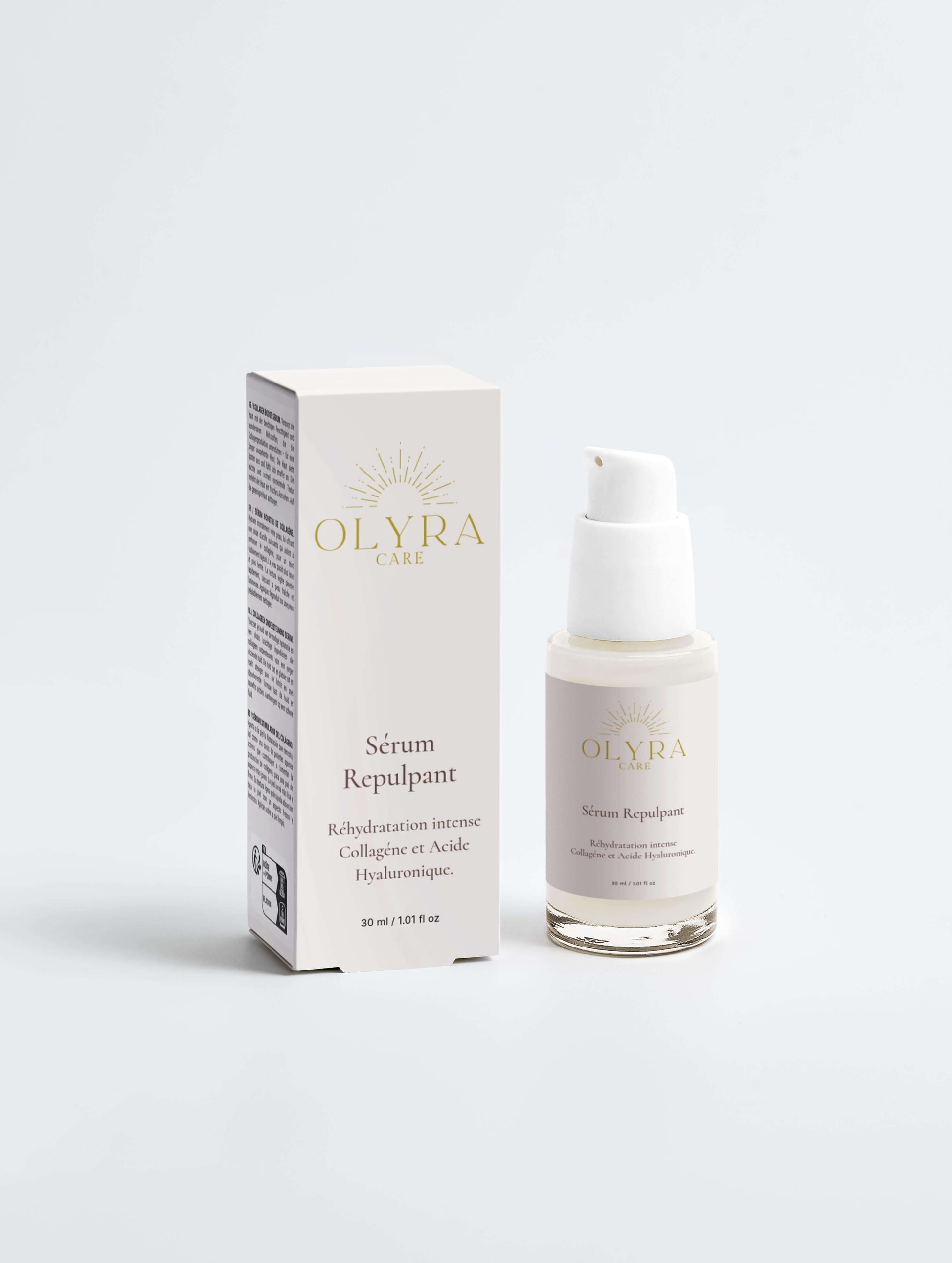 Sérum Repulpant – Collagène & Acide Hyaluronique avec flacon et emballage Olyra Care.